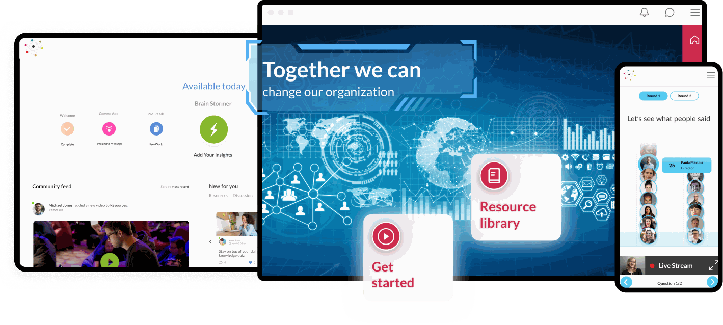 The SmartLab platform on desktop, laptop and mobile: a branded event environment, a community feed and a live participant session