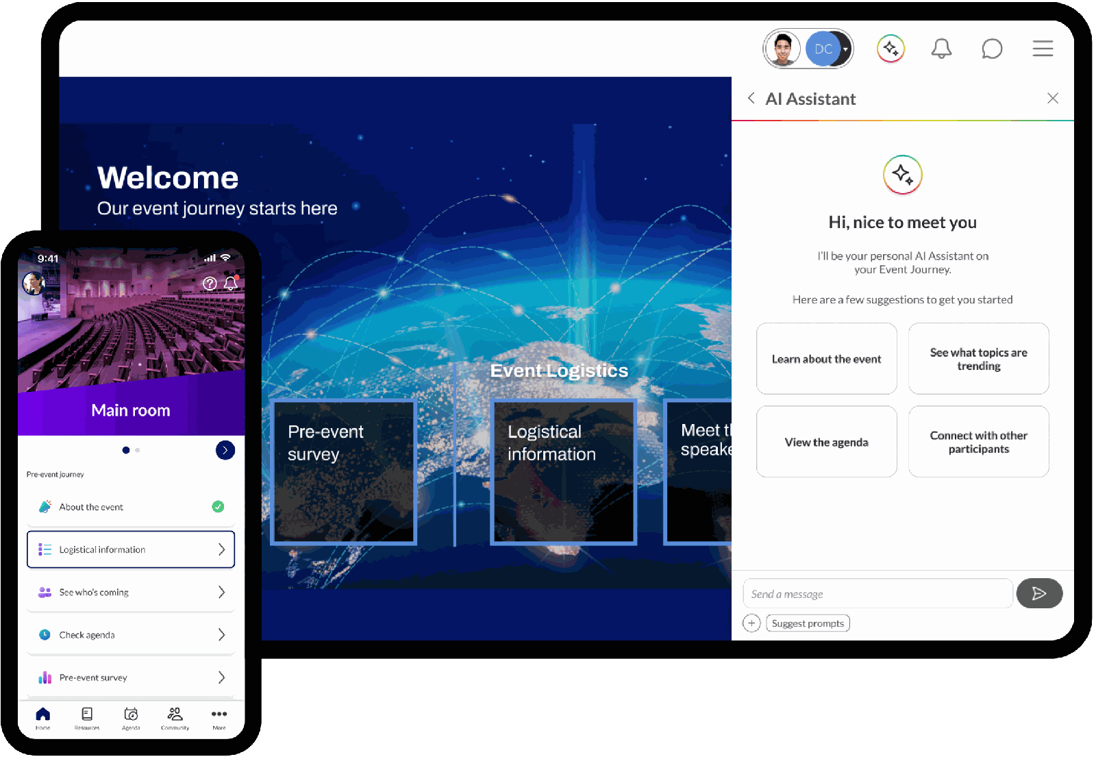 Interactive event management app showing agenda, surveys, and user engagement features on mobile